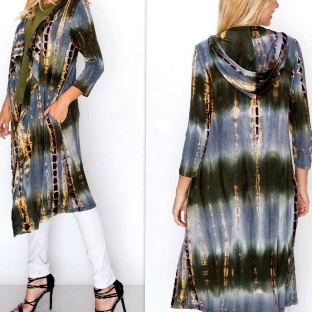 COIN‎ 1804 Women's 1X Casual Hand Tie Dye 3/4 Sleeve Long Cardigan Duster Hoodie - Picture 4 of 9